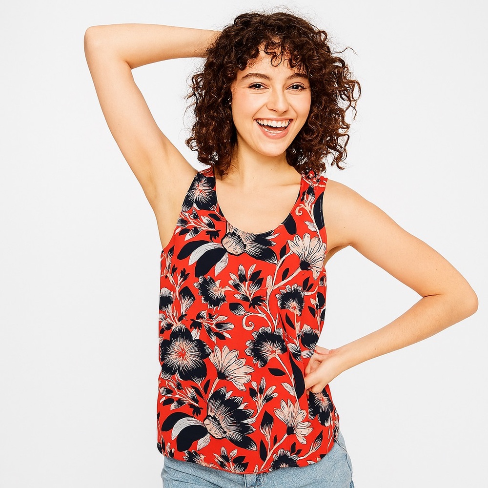 J. Crew Red Hibiscus Floral Twist Back T Strap Sleeveless Summer Blouse Size 4